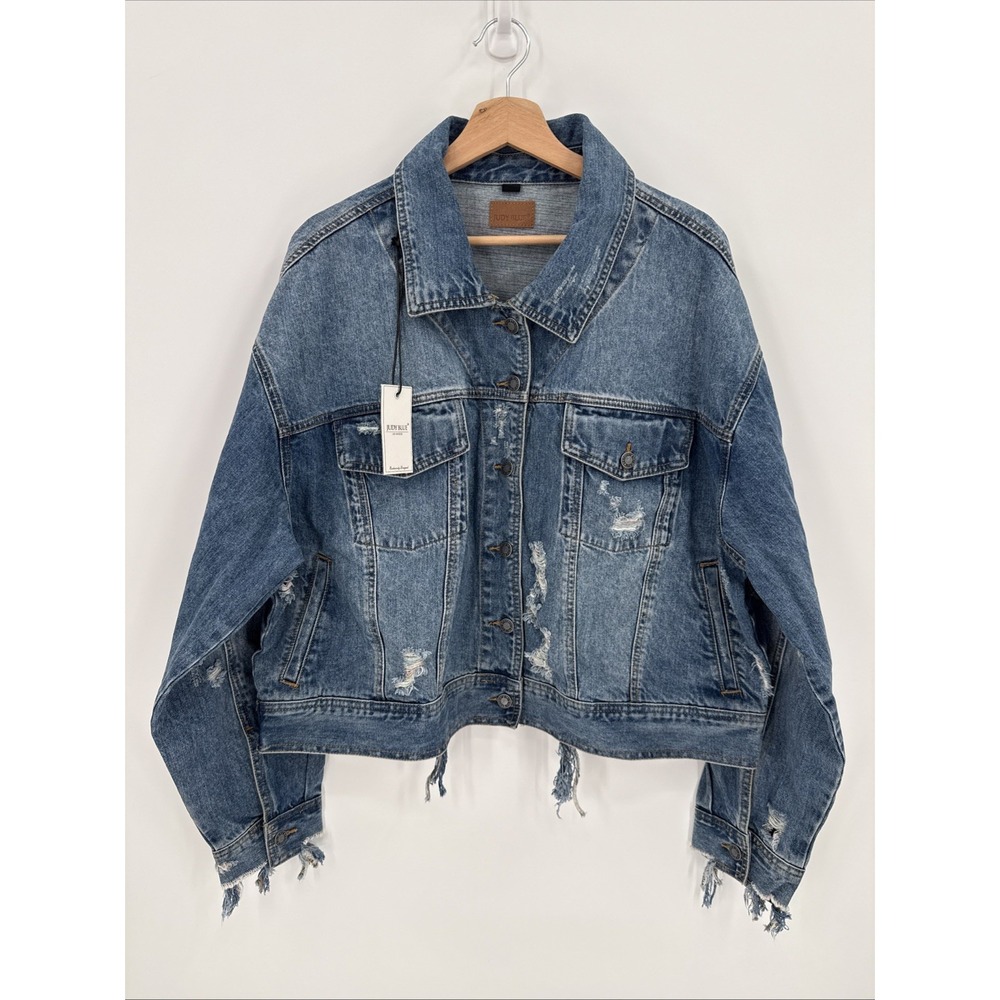 Judy Blue Womens Distressed Denim Jacket Blue Grunge JB7817 Size 2XL